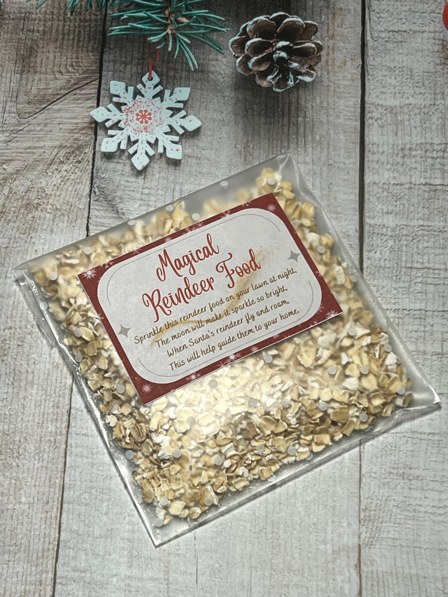 Clear packet of oats and seed with a sticker displaying the words Magical Reindeer Food.