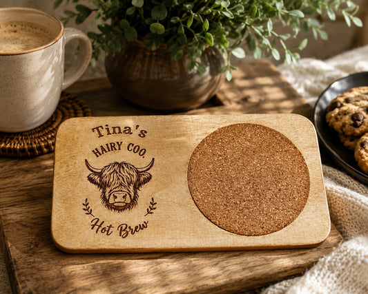 Personalised Tea & Biscuit Board Wooden Mug Coaster Gift Set