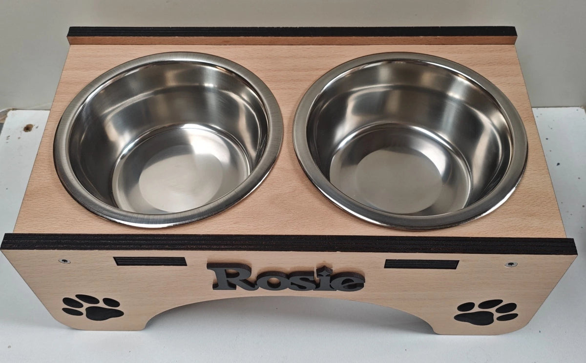 Raised Rustic Wooden Hand made Personalised Dog Bowl Stand (Bowls inc)