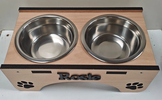 Raised Rustic Wooden Hand made Personalised Dog Bowl Stand (Bowls inc)
