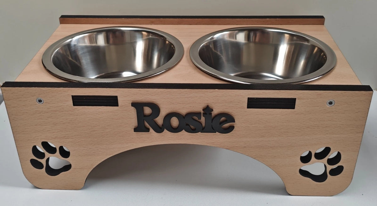Raised Rustic Wooden Hand made Personalised Dog Bowl Stand (Bowls inc)