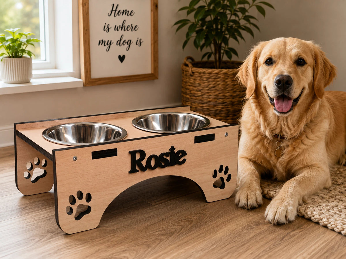 Raised Rustic Wooden Hand made Personalised Dog Bowl Stand (Bowls inc)