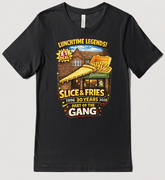 Black t-shirt with a colourful graphic and text. Reads Lunchtime Legends with a Pizza slice and Fries graphic and image of Galliano's Pizza shop in the background
