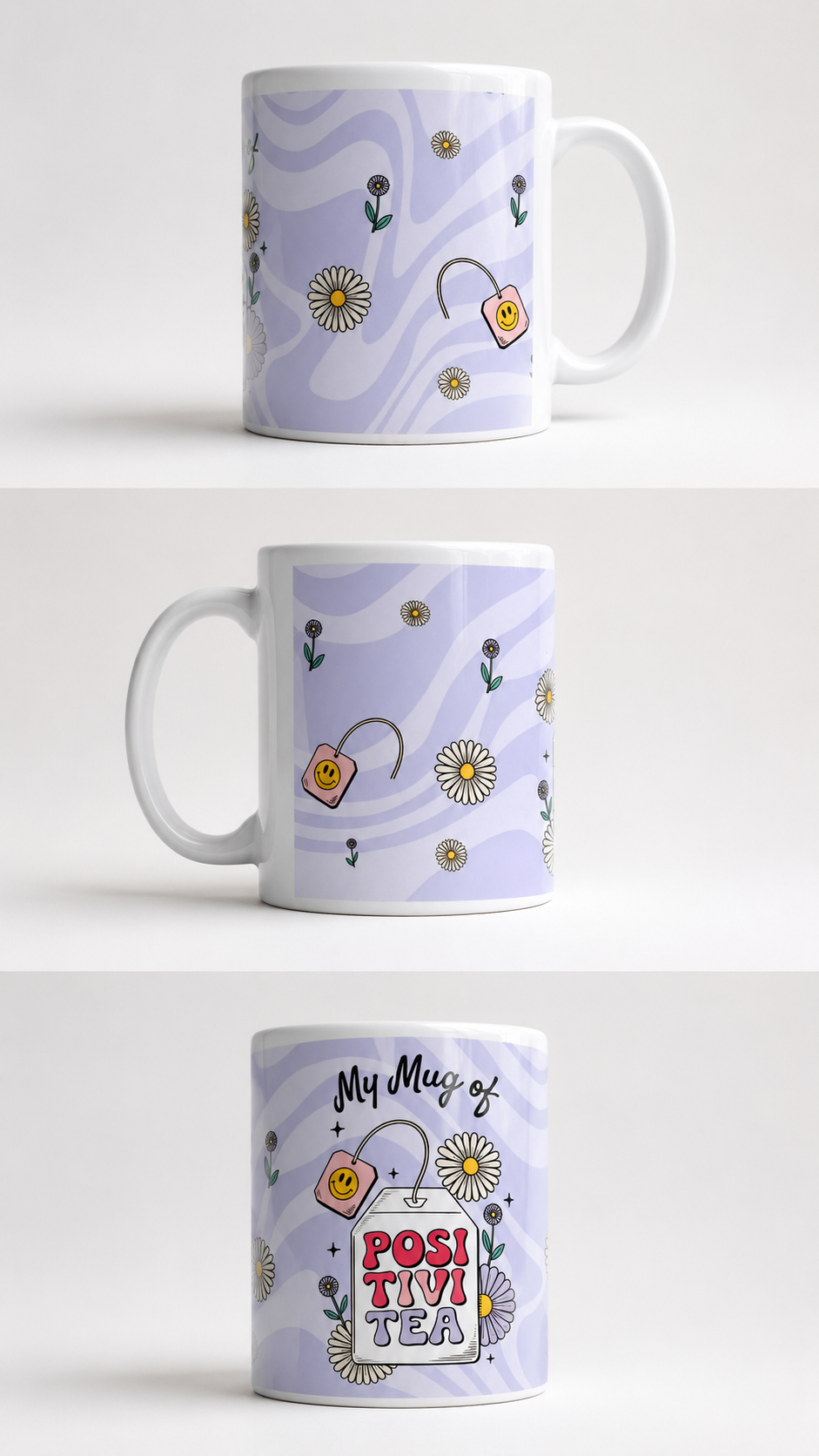 Mug with purple swirl background featuring a playful graphic with the words 'My Mug Of Positivitea'