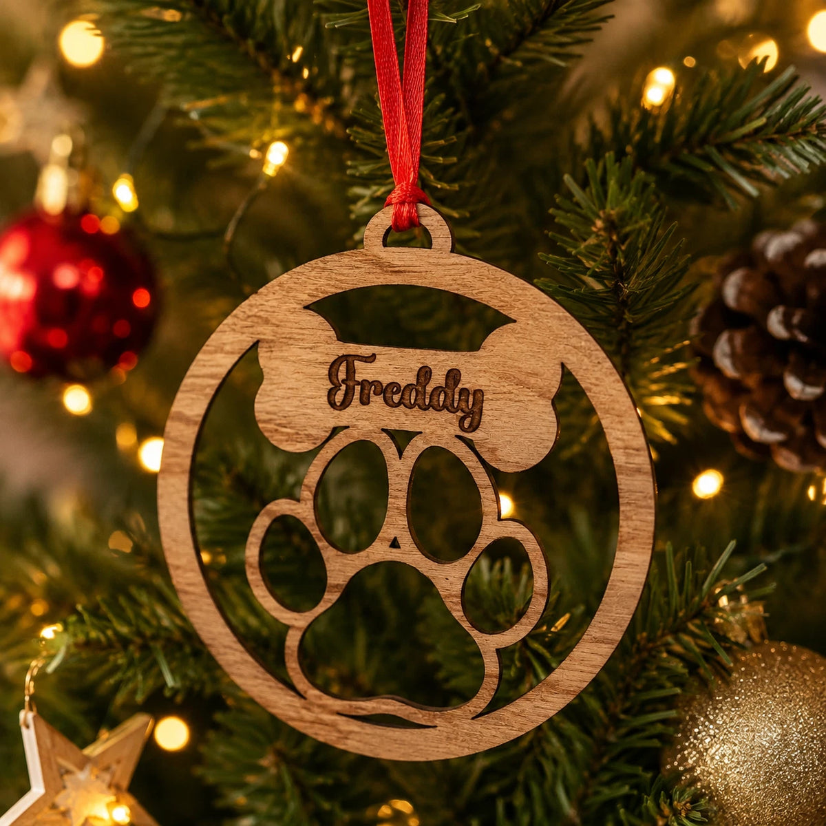 A personalized wooden Christmas ornament shaped like a paw print with the name 'Freddy' engraved on a bone, hanging from a red ribbon on a decorated Christmas tree with lights and ornaments.