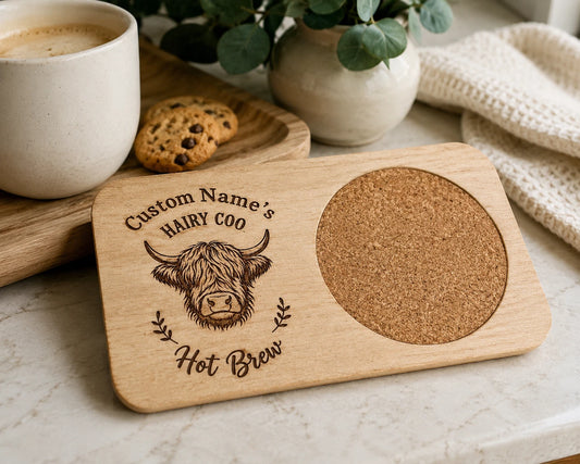 Personalised Tea & Biscuit Board Wooden Mug Coaster Gift Set
