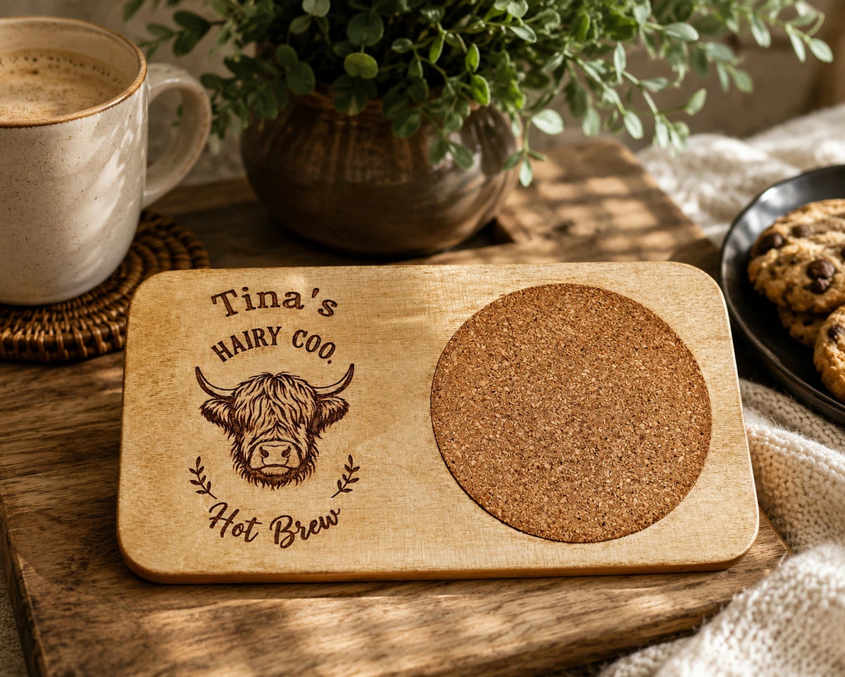 Personalised Tea & Biscuit Board Wooden Mug Coaster Gift Set