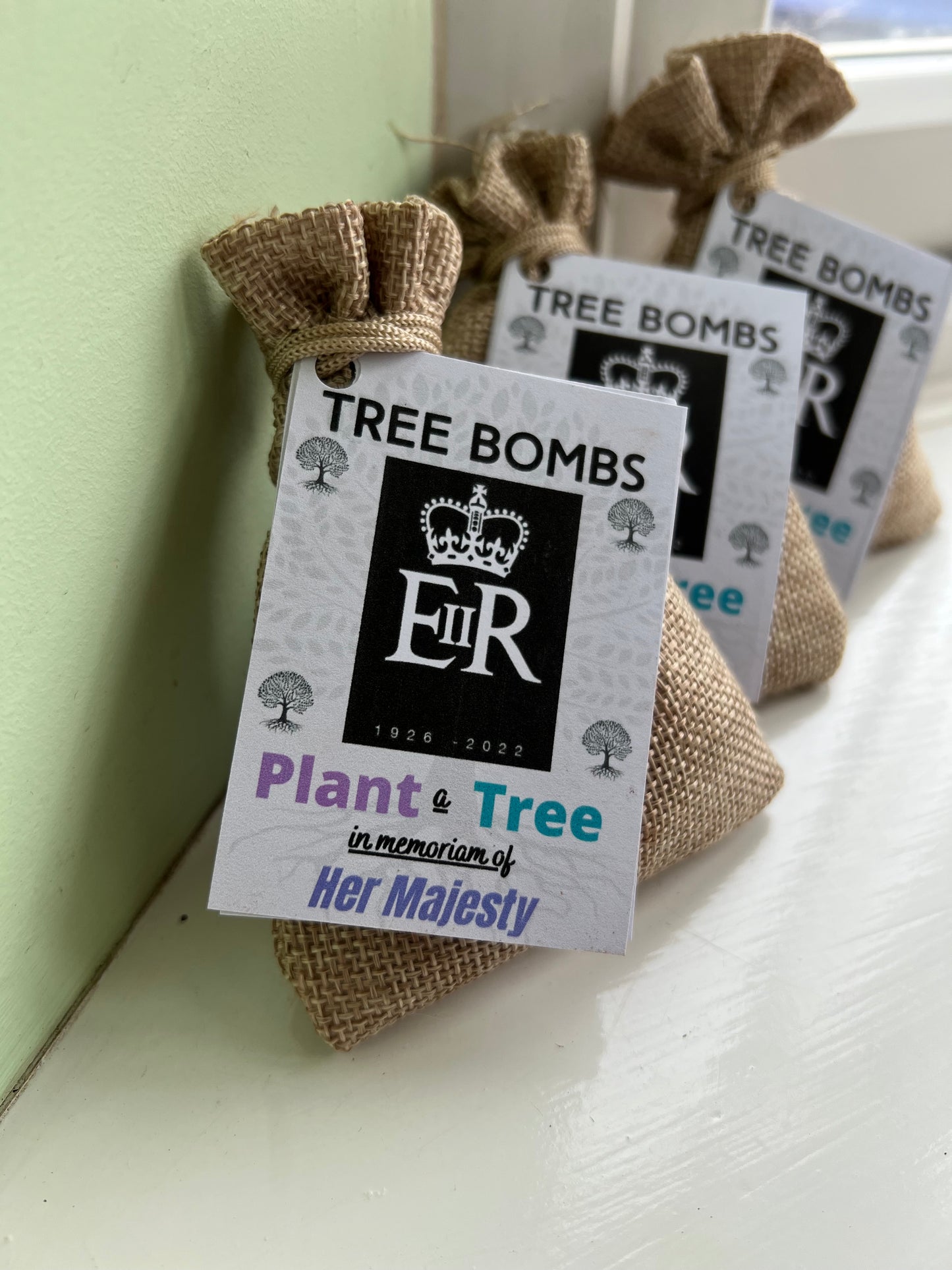 Burlap gift bag with Tree Bomb Label